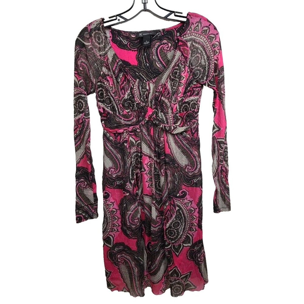 INC International Concepts Womens Babydoll Dress Small Pink Paisley Long sleeve